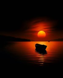 A boat adrift on a sunset lake, depicted in high contrast, low-key lighting, a moody style with dramatic shadows and deep bla
