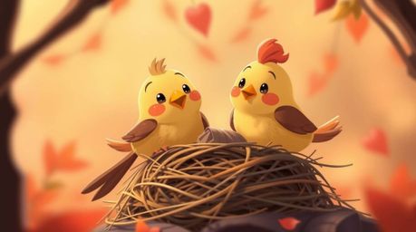 A charming illustration showcases two adorable cartoon birds diligently building their nest.  Rendered in a classic animation