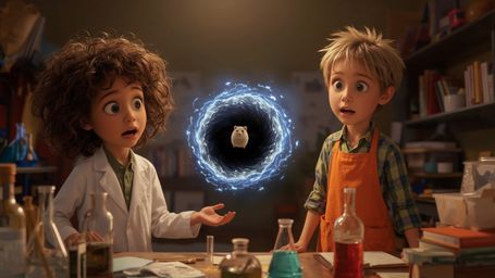 In a vibrant, cinematic photograph rendered in a hyper-realistic, Pixar-inspired style, a dynamic science fair duo unwittingl