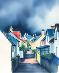 Discover a captivating watercolor painting of a sleepy town, featuring pastel-colored houses bathed in dramatic, high-contras