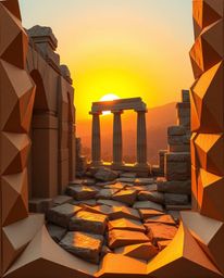 An intricate origami-style artwork depicts sunset shadows moving through ancient stone ruins. The scene is bathed in a warm g