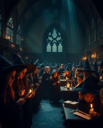 Discover a captivating fine art photograph depicting a magical school brimming with young wizards. The image showcases inten
