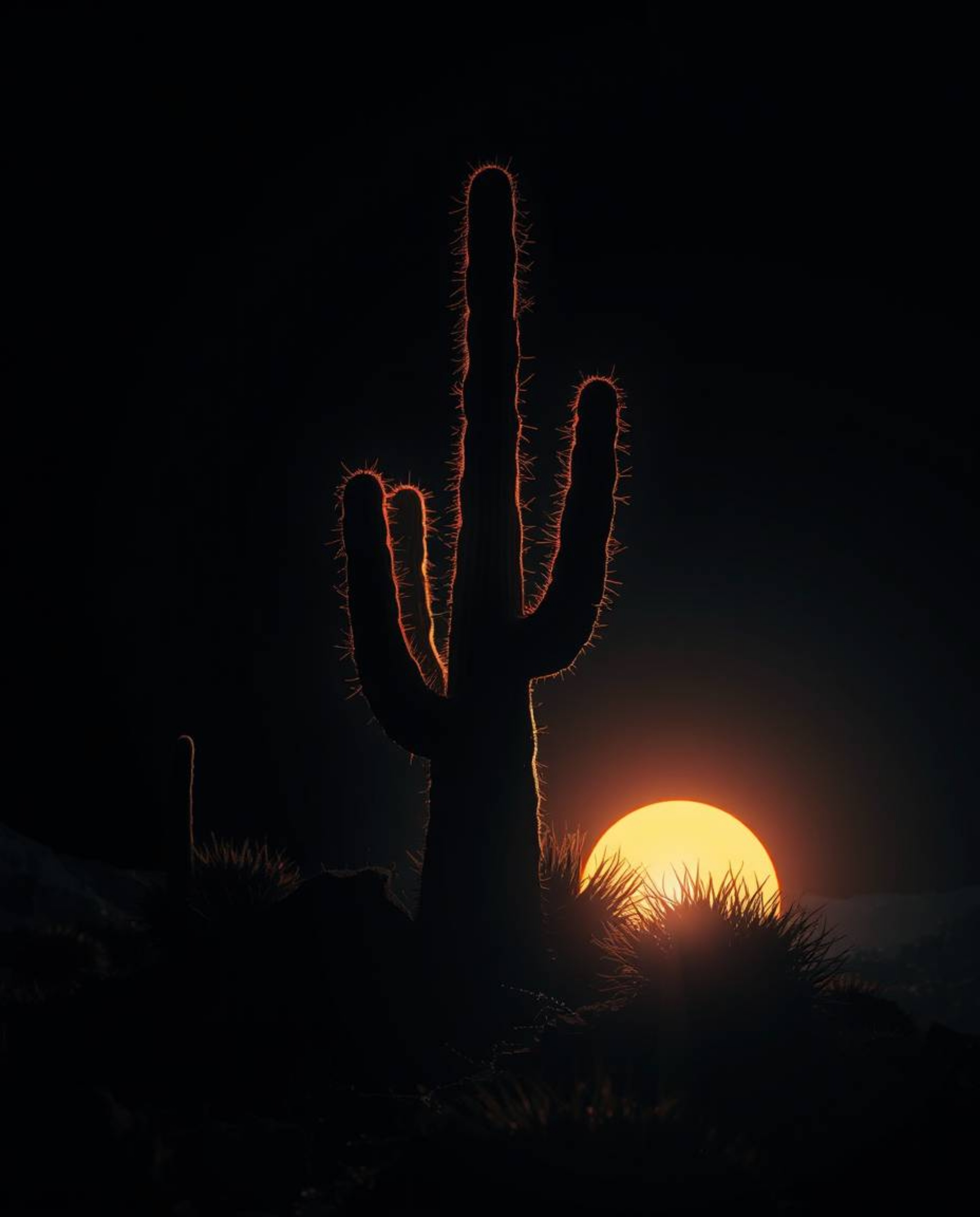 A futuristic, sci-fi style piece featuring intense jet black creative light art. It depicts a desert cactus glowing in the la
