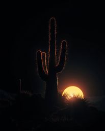 A futuristic, sci-fi style piece featuring intense jet black creative light art. It depicts a desert cactus glowing in the la
