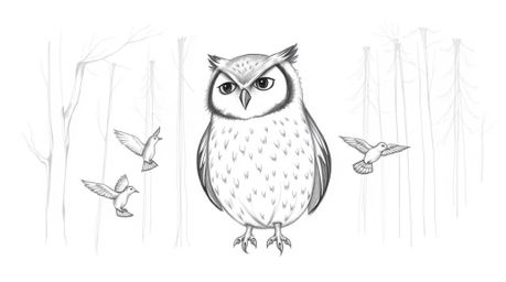 A heartwarming hand-drawn sketch depicts a wise, blind owl, rendered in the style of Pixar, guiding fledgling birds in flight