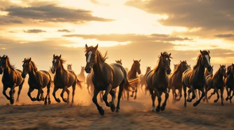 A captivating fine art photograph depicts a dynamic herd of wild horses running freely beneath a breathtaking glowing sky.  T