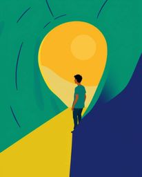 A captivating image in a modern flat design showcases a person standing at the edge of a vibrant tunnel, gazing towards a bri
