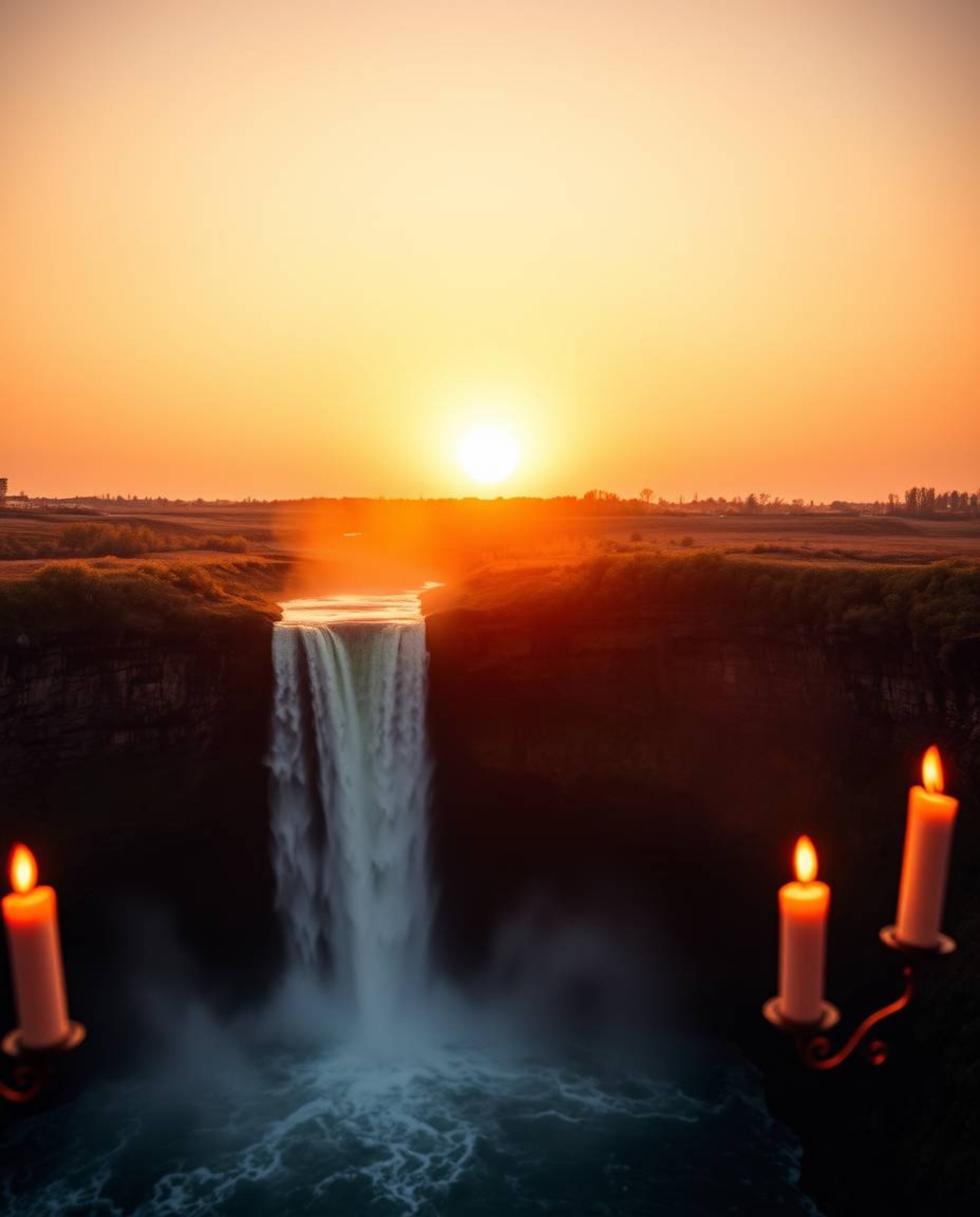 An overhead bird’s eye view captures warm candle lights illuminating a sun setting behind a dramatic waterfall. The image dep