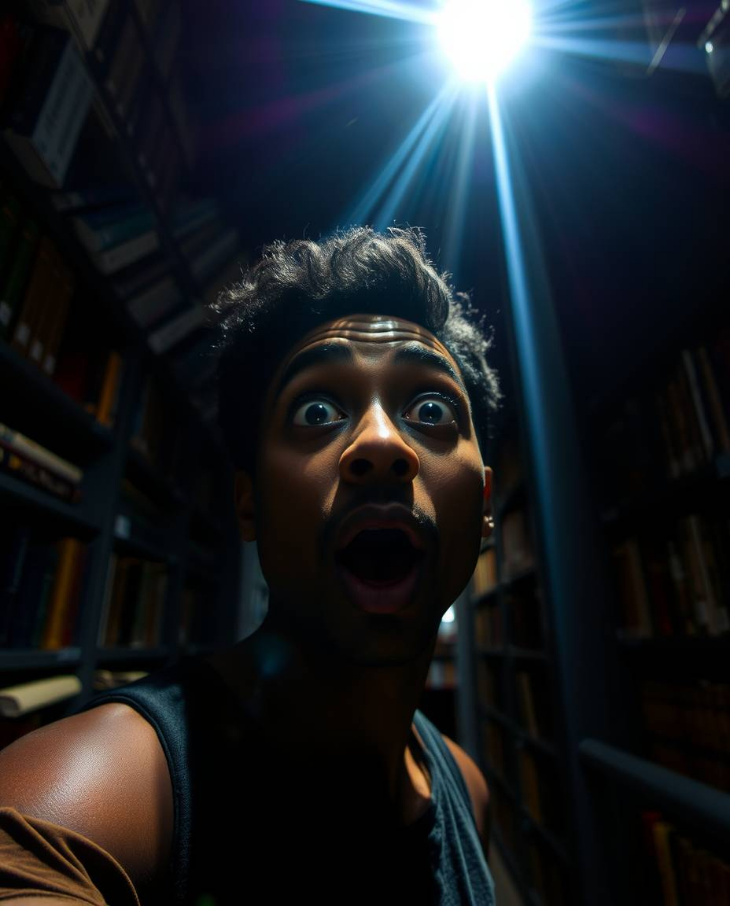 A person with a surprised expression, distinguished by their dark skin, stumbles upon a captivating hidden underground librar