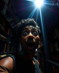 A person with a surprised expression, distinguished by their dark skin, stumbles upon a captivating hidden underground librar
