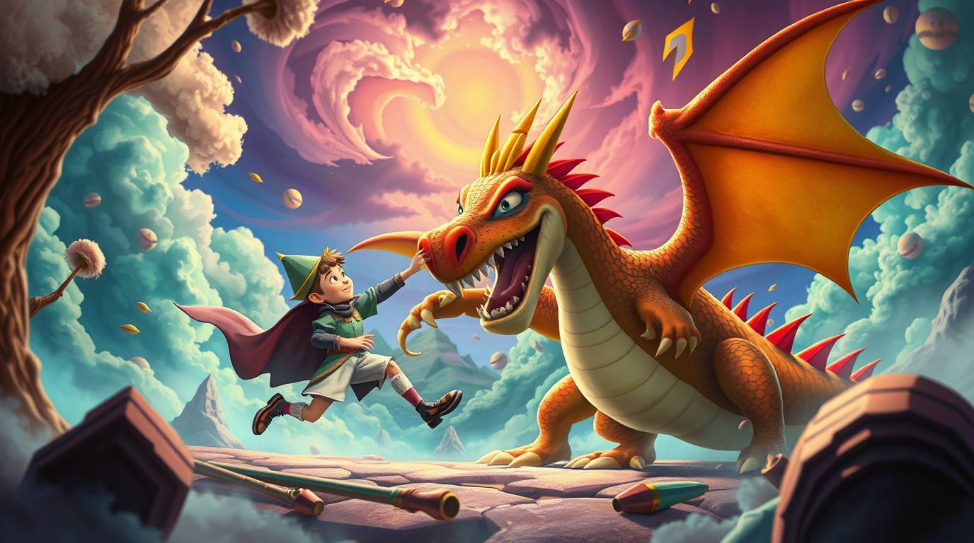 A captivating image depicting a charming prince battling a dragon in a vibrant, surreal 1950s animation style.  This fantasti