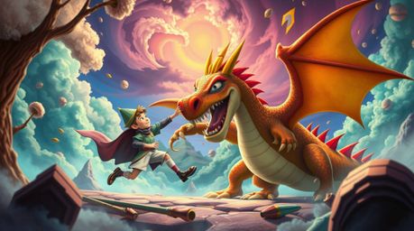 A captivating image depicting a charming prince battling a dragon in a vibrant, surreal 1950s animation style.  This fantasti