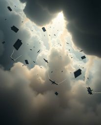 Experience a surreal storm with flying objects defying broken gravity, brought to life through mesmerizing volumetric lightin