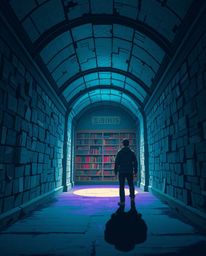 A person unearths a breathtaking hidden underground library bathed in a cool color palette of blues, greens, and purples. The