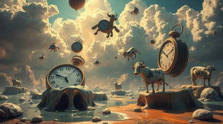 Explore a surreal dreamscape brought to life with melting clocks and floating cows, rendered in a vibrant, high-contrast styl