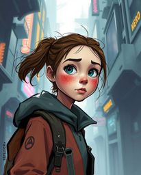This dynamic digital sketch showcases a young inventor girl with freckles and a confident expression, set against the backdro