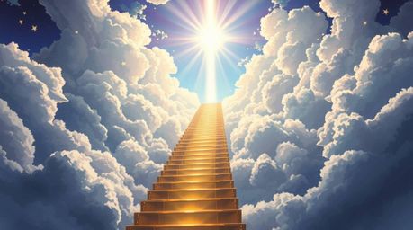 An anime-style illustration depicts a breathtaking golden staircase ascending through clouds towards a radiant heaven. Sunlig