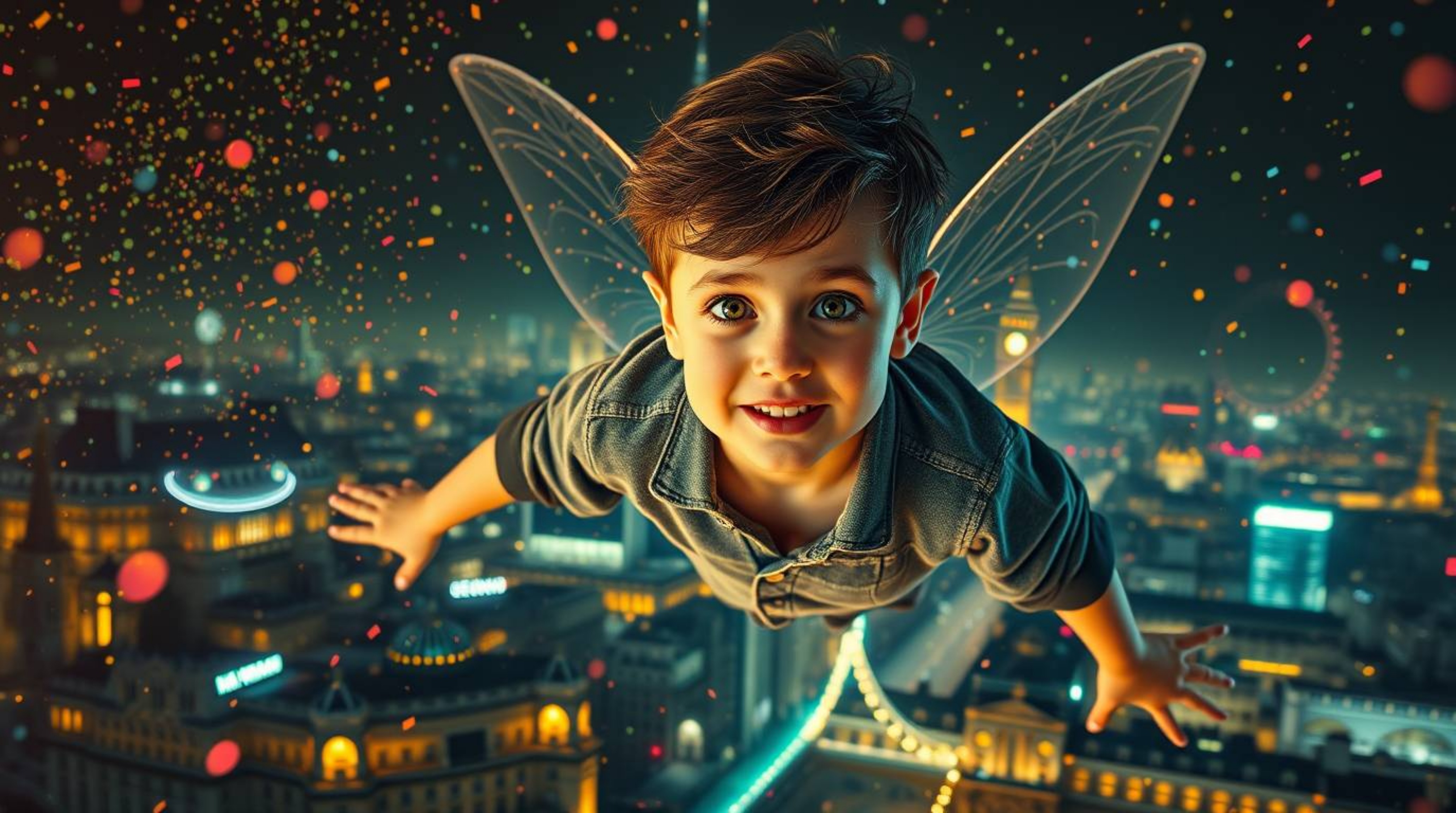 A captivating image of a young boy with rosy cheeks and mischievous eyes soaring above a detailed London cityscape, propelled