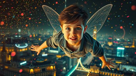 A captivating image of a young boy with rosy cheeks and mischievous eyes soaring above a detailed London cityscape, propelled
