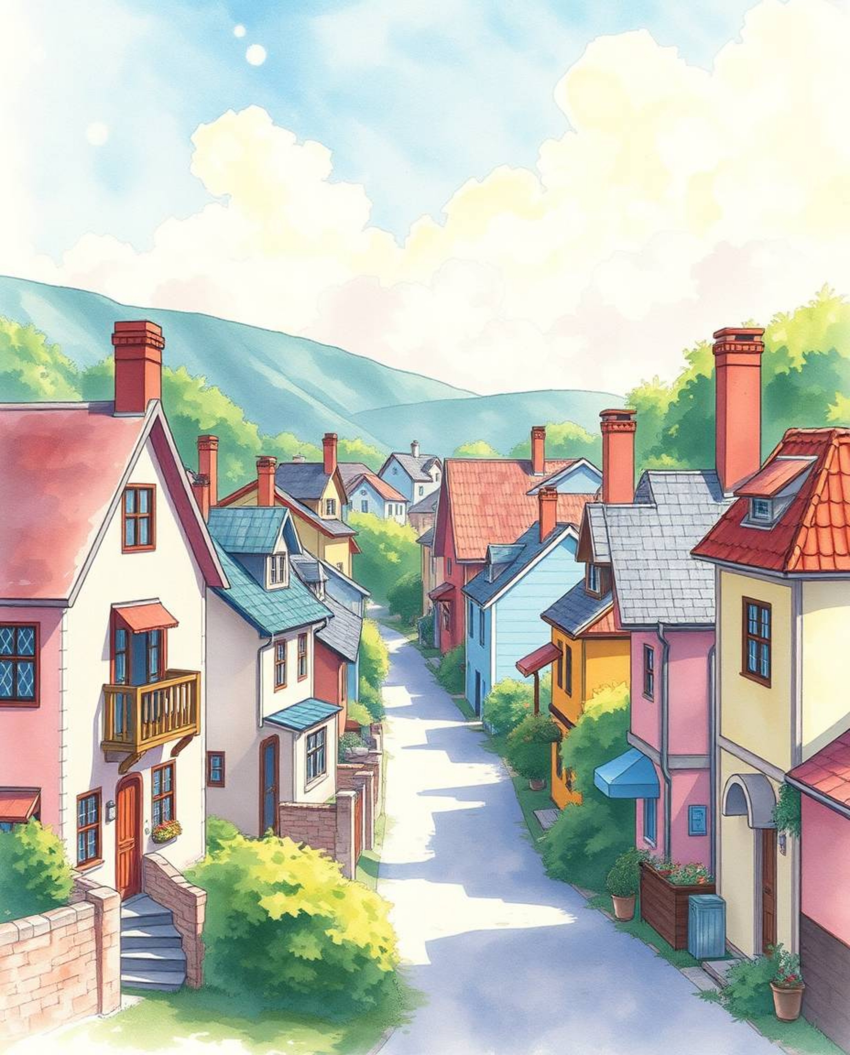 This artwork presents an Isekai anime-style depiction of a sleepy town, rendered in delicate watercolor. The scene features p