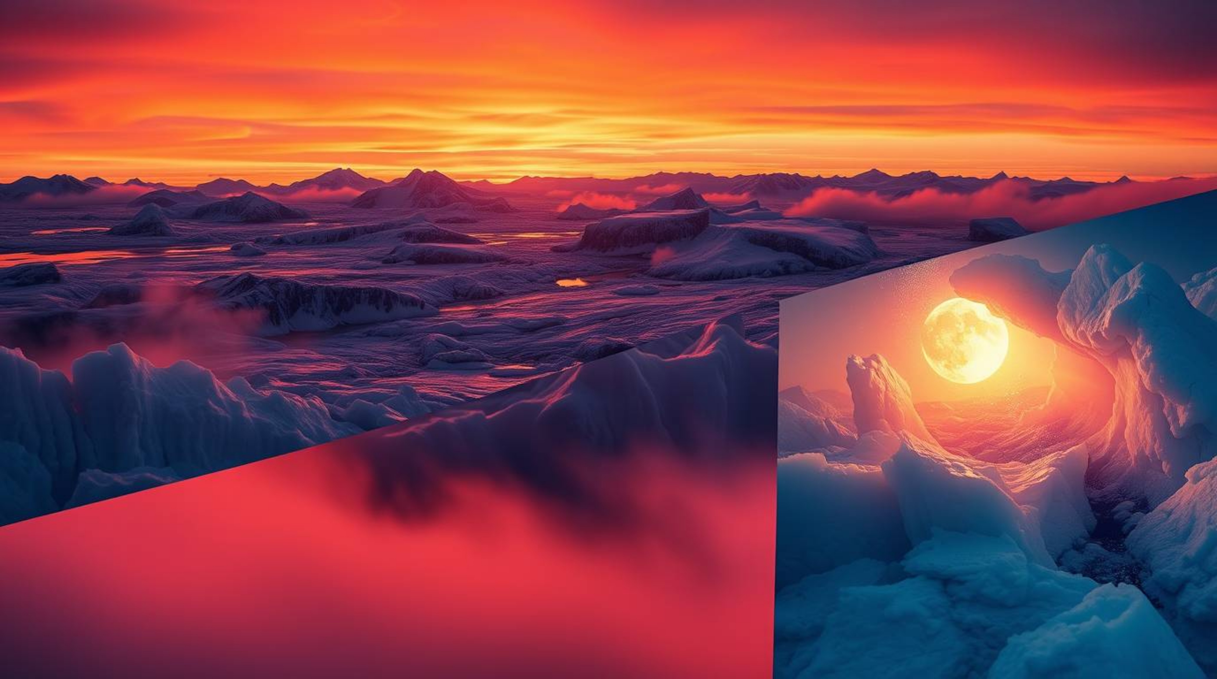 A captivating and surreal image depicts a vibrant sunset over icy polar glaciers.  The scene is divided into distinct dreamli