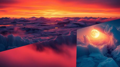 A captivating and surreal image depicts a vibrant sunset over icy polar glaciers.  The scene is divided into distinct dreamli