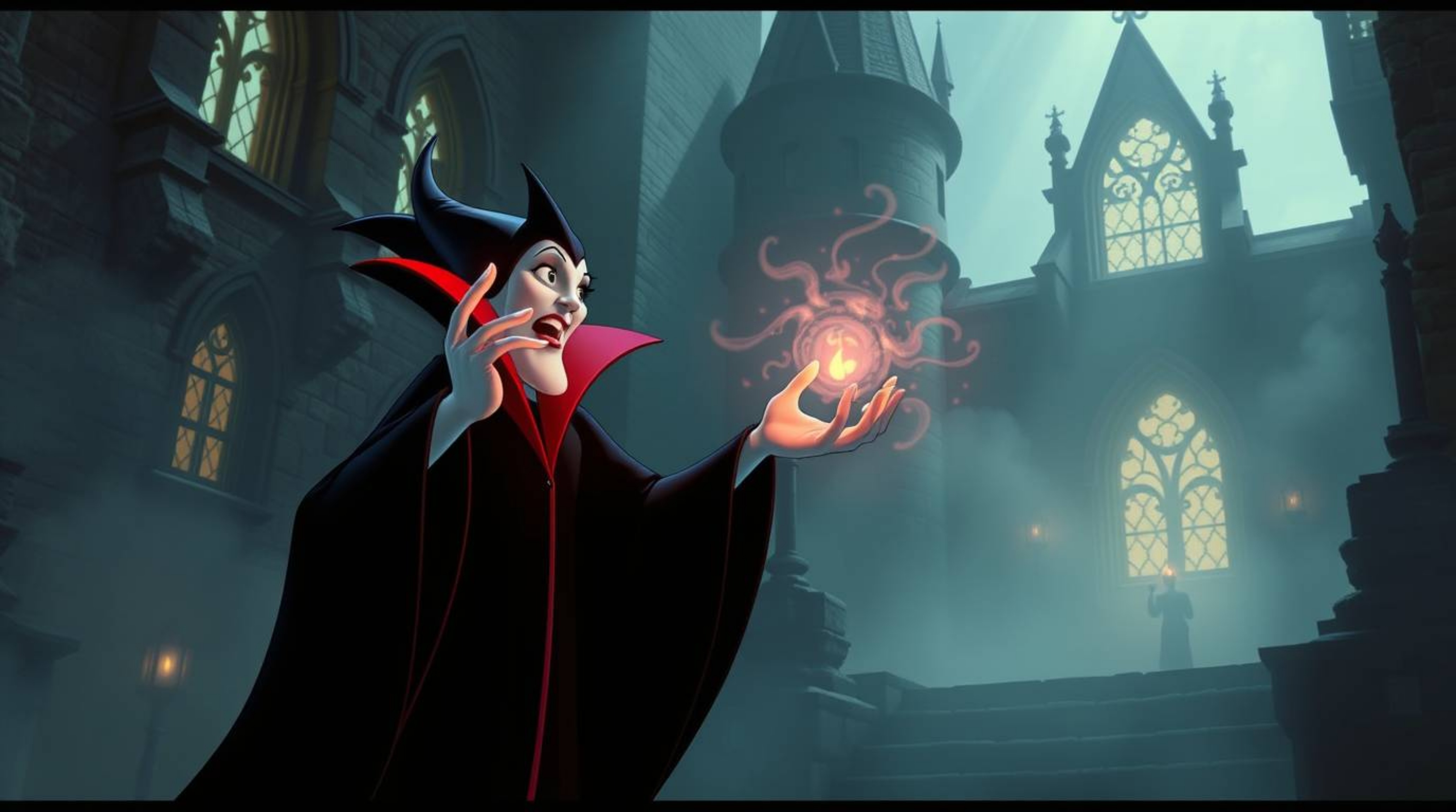 A captivating digital art piece showcasing a classic Disney villain casting a spell within an ancient castle. The scene is im