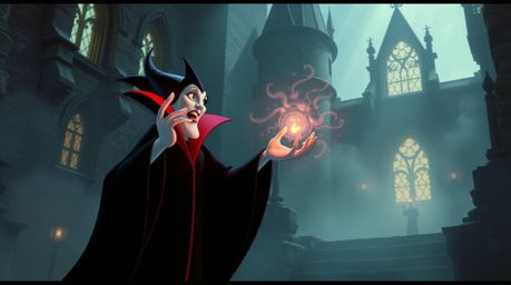 A captivating digital art piece showcasing a classic Disney villain casting a spell within an ancient castle. The scene is im