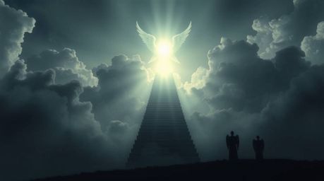 A strong, moody artwork depicting graceful and elegant steps of light ascending into a cloudy sky, observed by angelic figure