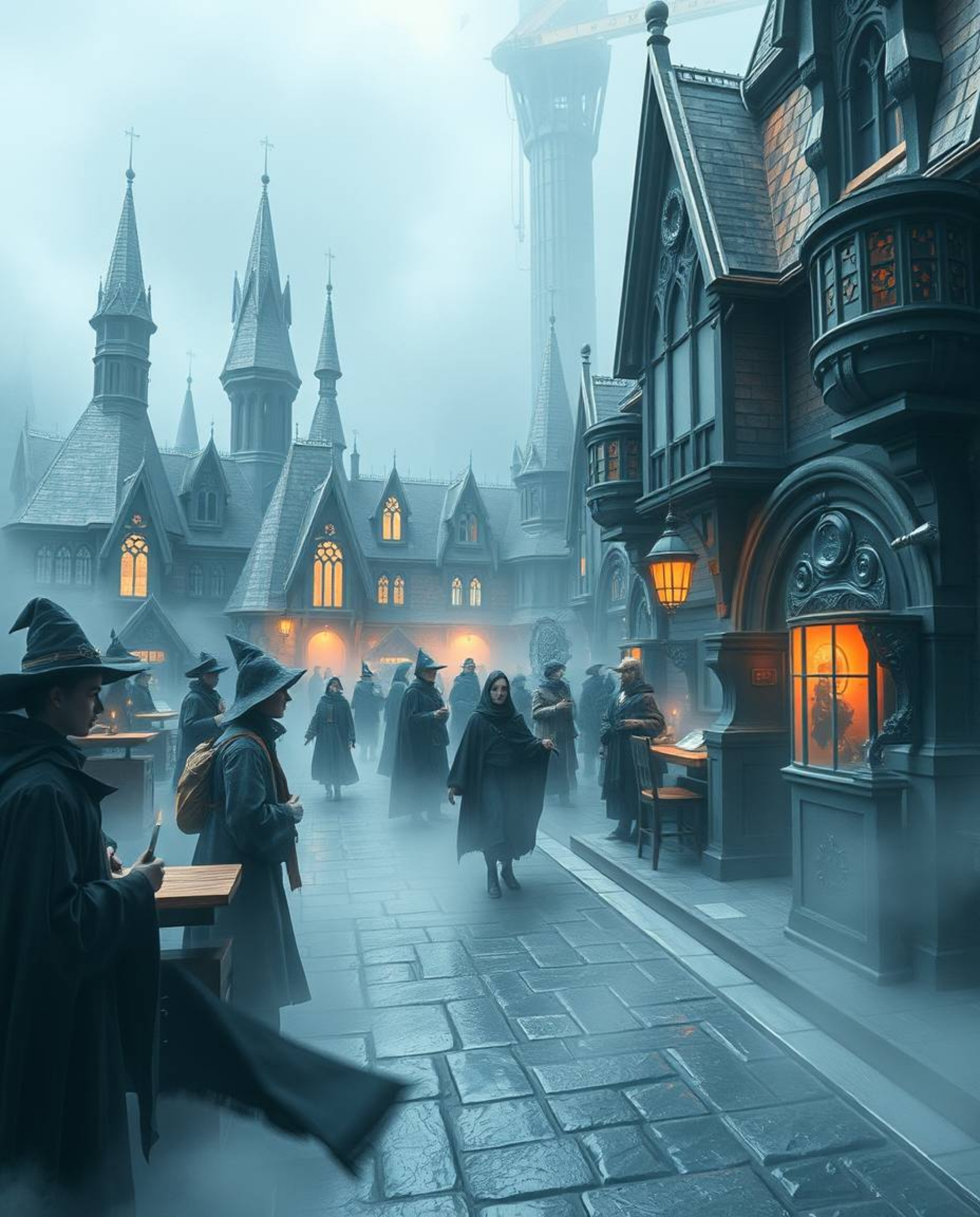 Discover a futuristic magical school shrouded in thick fog, where young wizards wield advanced technology amidst cool metalli