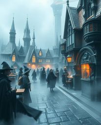 Discover a futuristic magical school shrouded in thick fog, where young wizards wield advanced technology amidst cool metalli