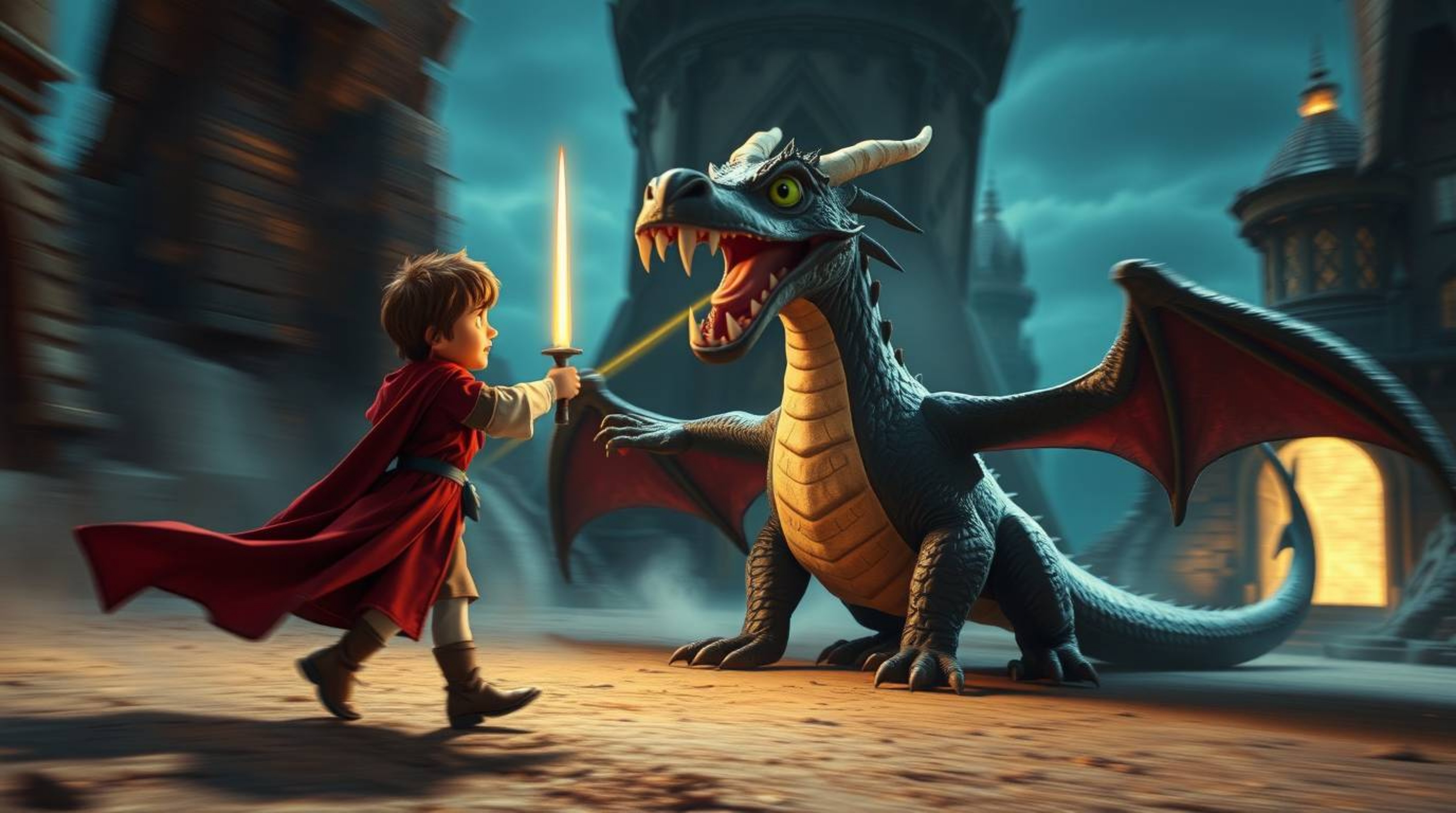 A captivating long-exposure photograph depicts a charming prince battling a fierce dragon, rendered in a charming 1950s anima