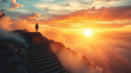 A solitary figure ascends a weathered stone staircase, bathed in the ethereal glow of divine light, creating a striking image