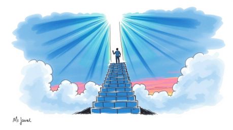 A captivating hand-drawn color sketchnote portrays a solitary figure ascending a stone staircase toward a radiant beam of div