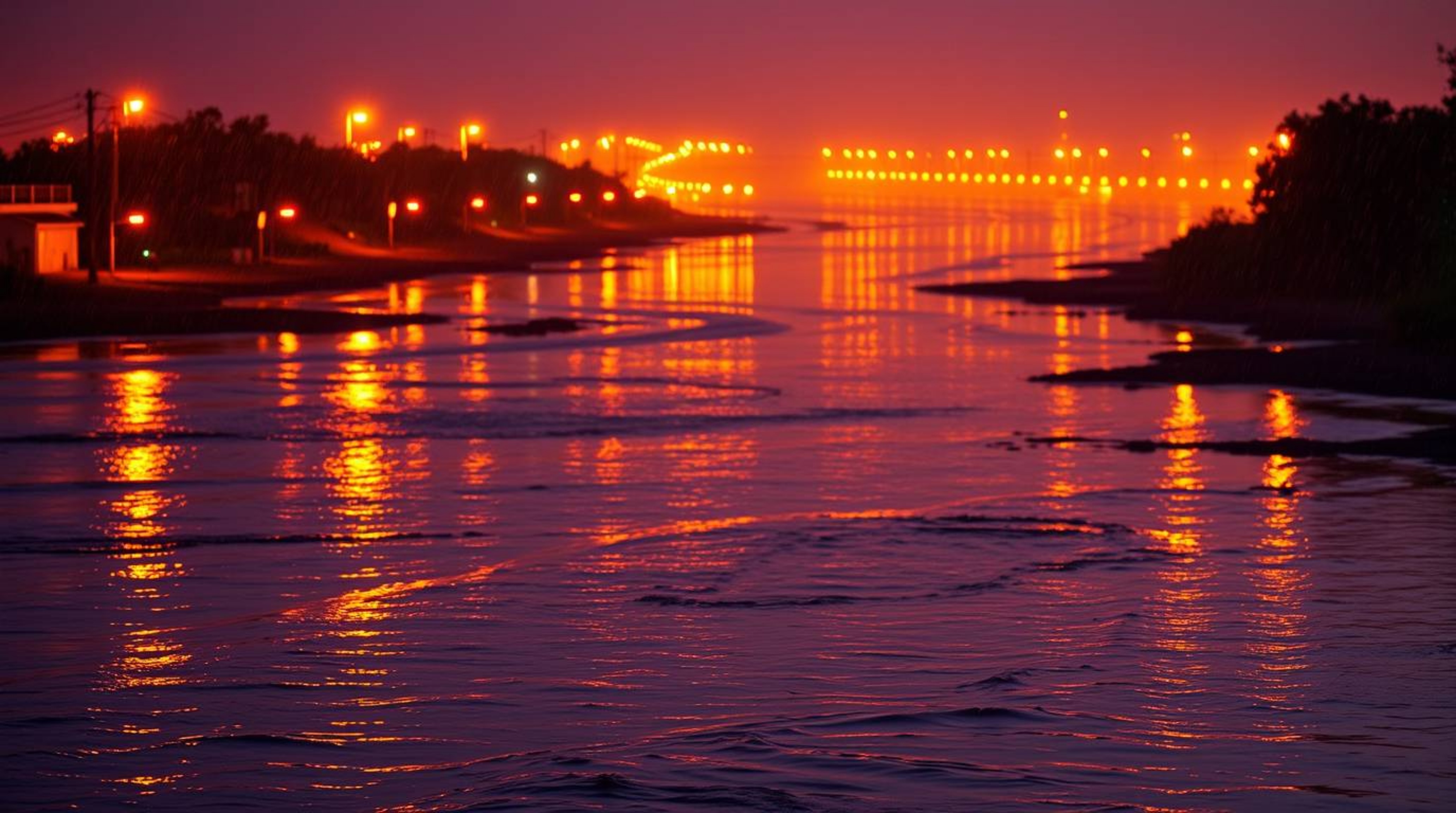 Experience a breathtaking scene of a river delta bathed in a warm golden glow, illuminated by the soft hues of twilight. The 