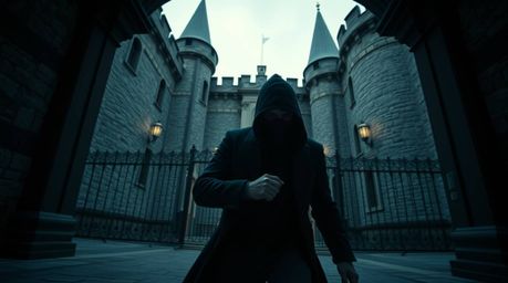 A professional photograph, rich in deep teal hues, captures the subtle infiltration of a thief into a heavily guarded, luxuri