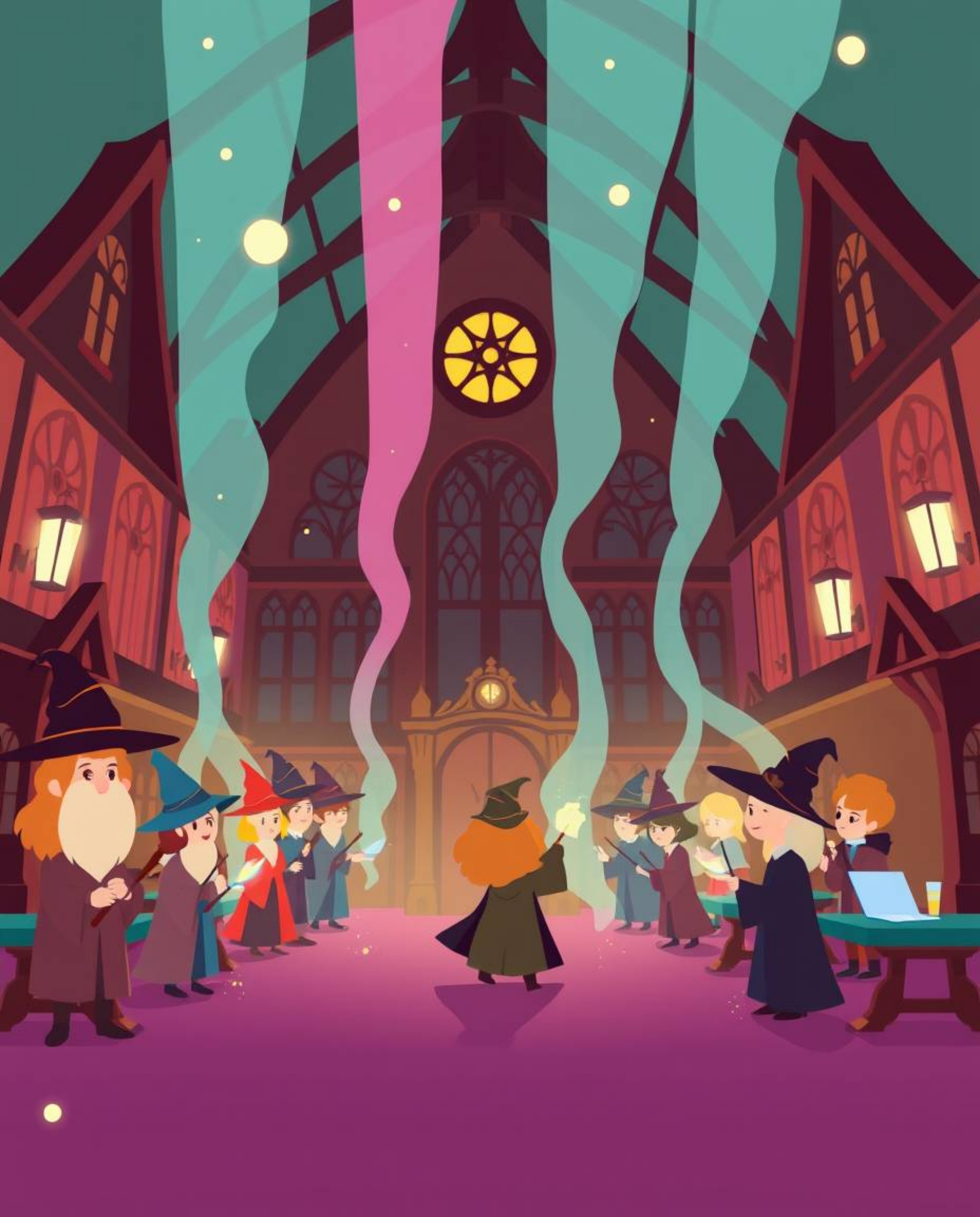 A captivating flat design artwork portrays a magical school brimming with young wizards. The illustration features creative
