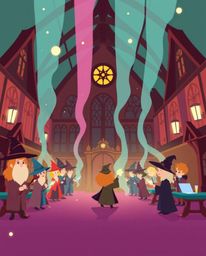 A captivating flat design artwork portrays a magical school brimming with young wizards.  The illustration features creative 