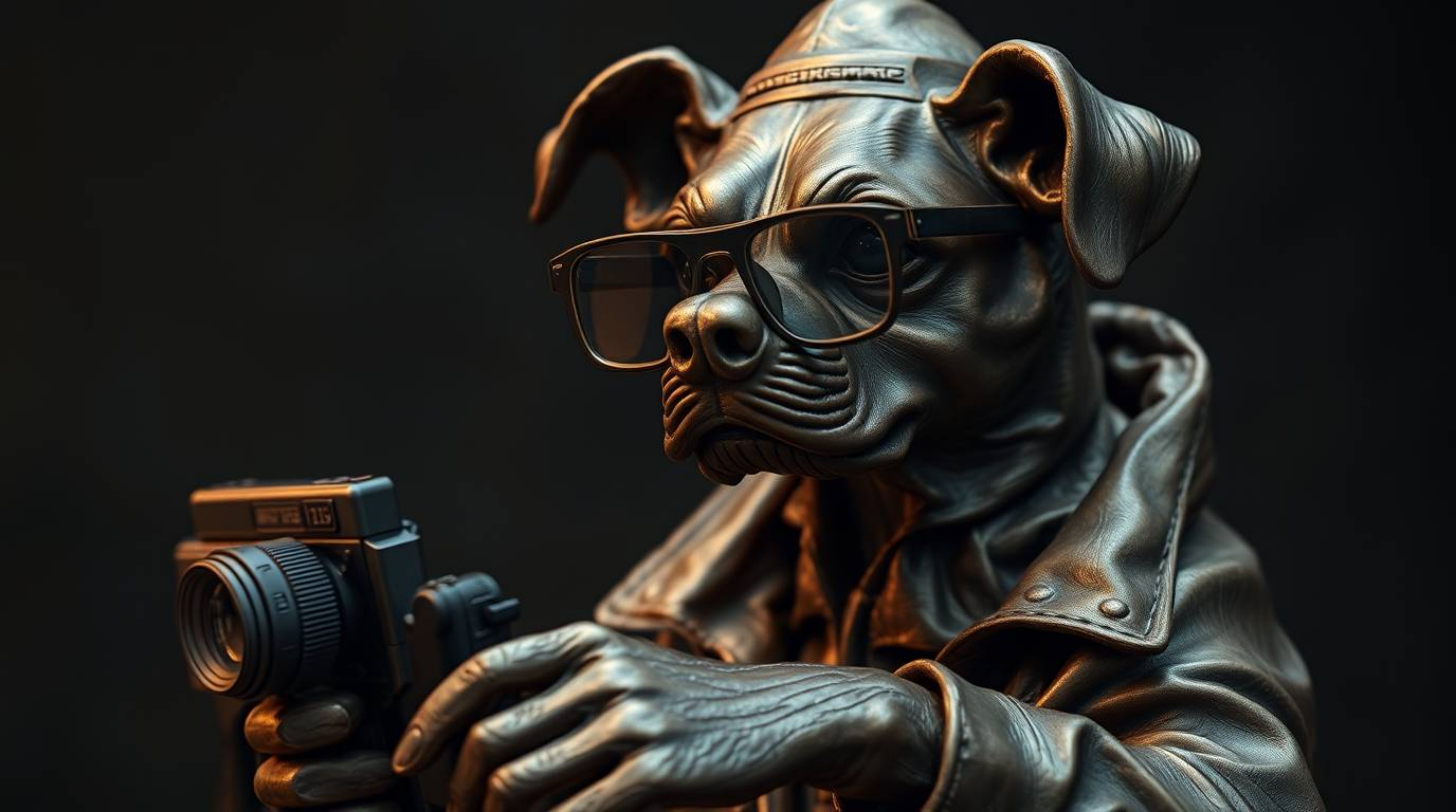 This cast bronze sculpture depicts a dog detective equipped with high-tech gadgets, rendered in a dramatic, cinematic lightin