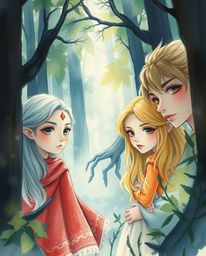 Discover a breathtaking watercolor painting depicting a group of friends with unique abilities exploring a mystical forest.  