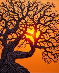 An intricate origami style image of a sunset behind an old oak tree with twisted branches, bathed in warm golden hour light. 