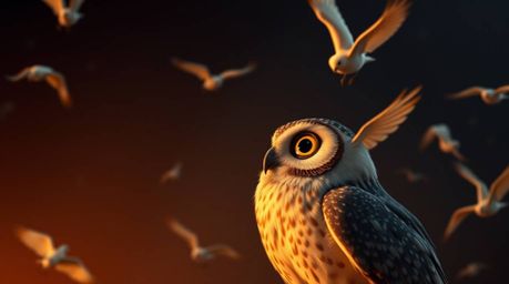 A heartwarming yet subtly dramatic professional photograph in the style of Pixar depicts a blind owl guiding birds in flight.