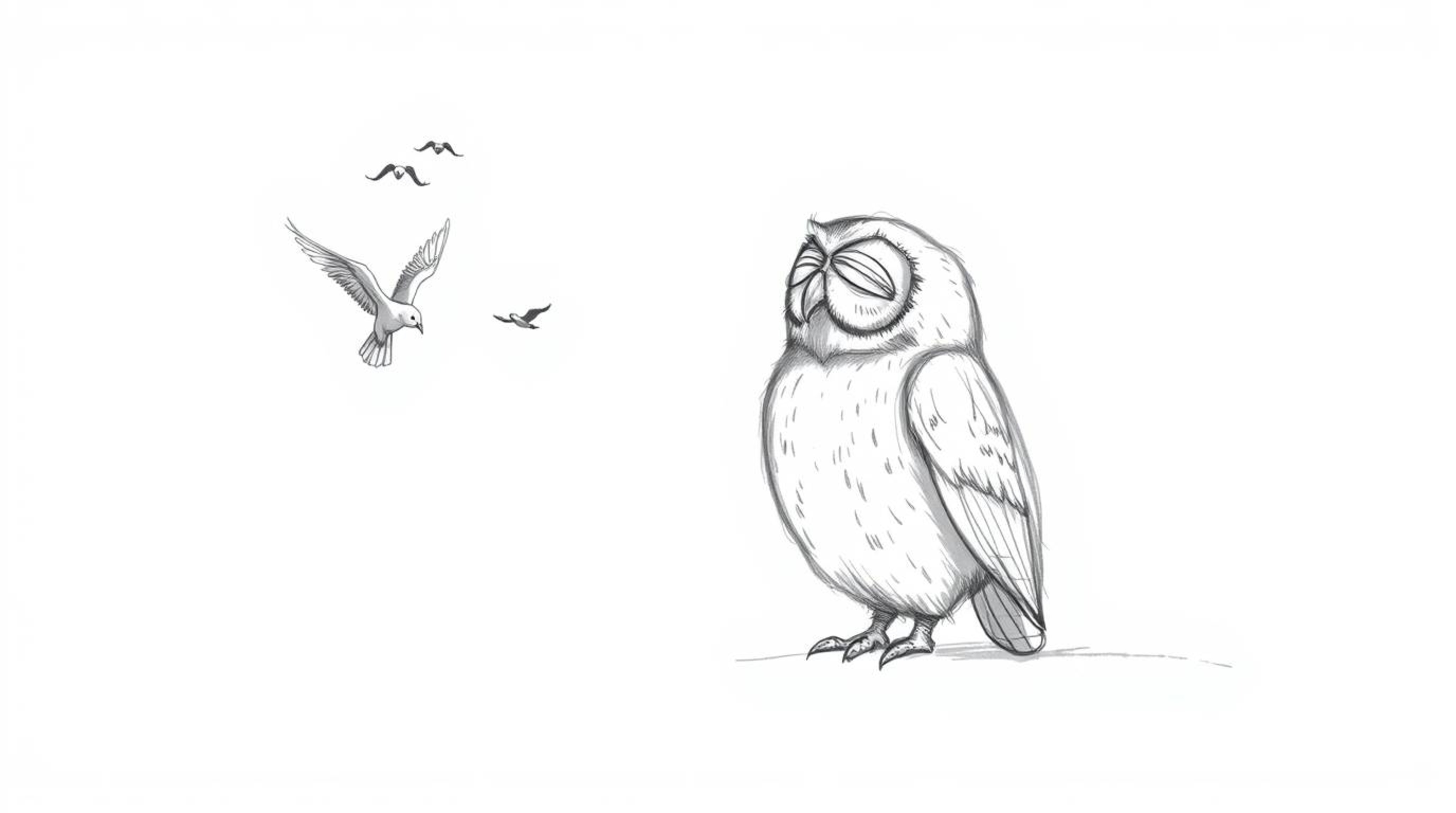 A rough, textured pencil sketch depicting a blind owl, inspired by Pixar's style, patiently observes small birds circling in 