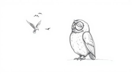 A rough, textured pencil sketch depicting a blind owl, inspired by Pixar's style, patiently observes small birds circling in 