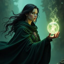 A powerful sorcerer cloaked in living shadows commands attention with an iridescent energy orb. This enigmatic figure, with p