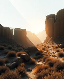 Explore a captivating digital glitch landscape defined by natural earth tones and harsh hard light.  The scene breaks apart w