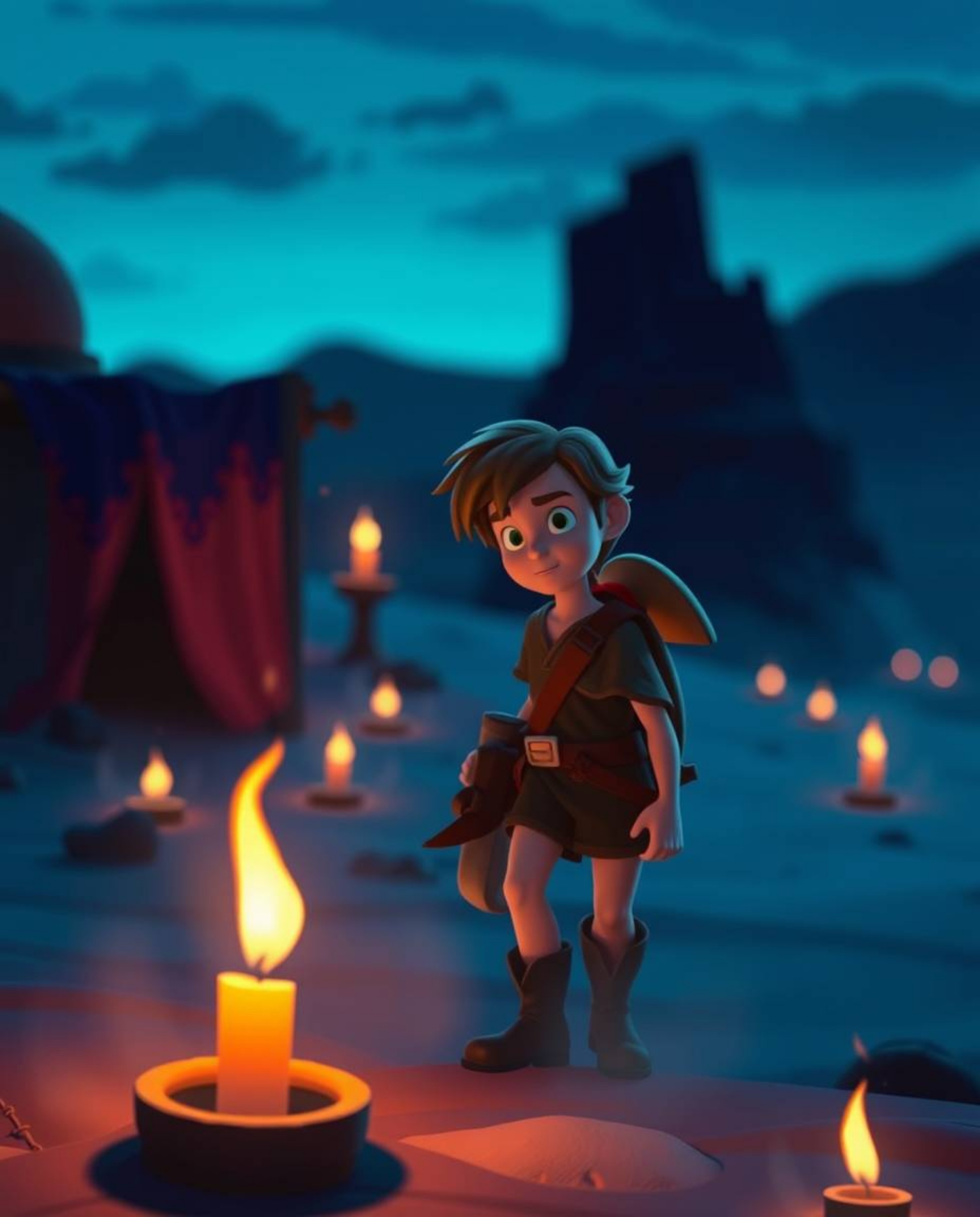 A brave Disney-style hero embarks on a thrilling desert adventure. The scene is beautifully lit with warm candlelight, creat