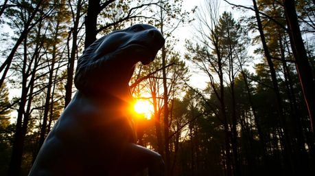 A captivating high-angle photograph showcases a cast bronze sculpture silhouetted against a vibrant sunset.  The warm light f