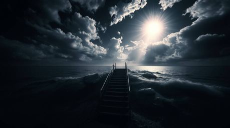A surreal and dramatic scene unfolds, showcasing an infrared staircase emerging from the depths of the ocean, reaching upward