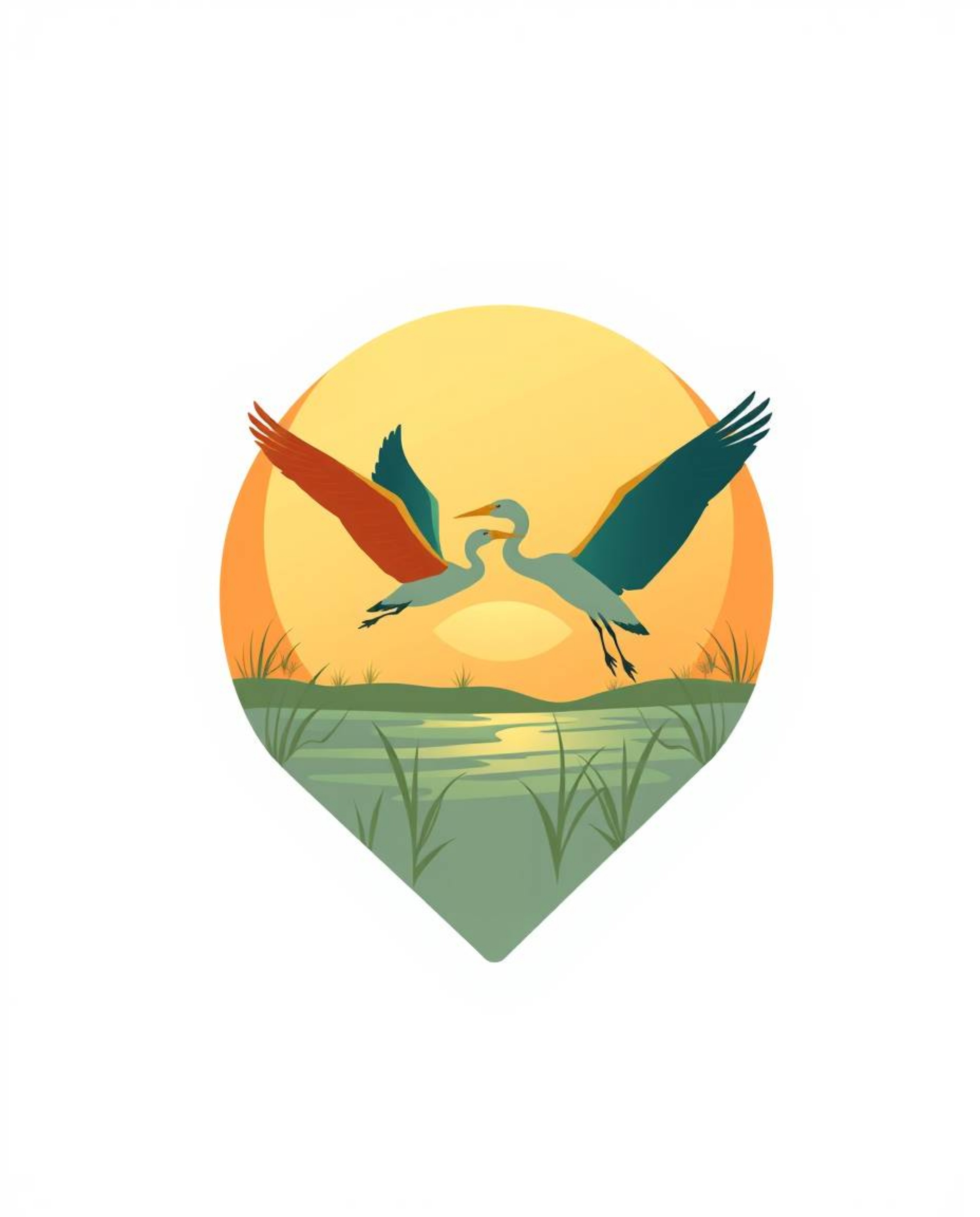 A geometric, golden hour logo that depicts ethereal spiritual vibes, featuring herons flying in the wetlands. This design is 